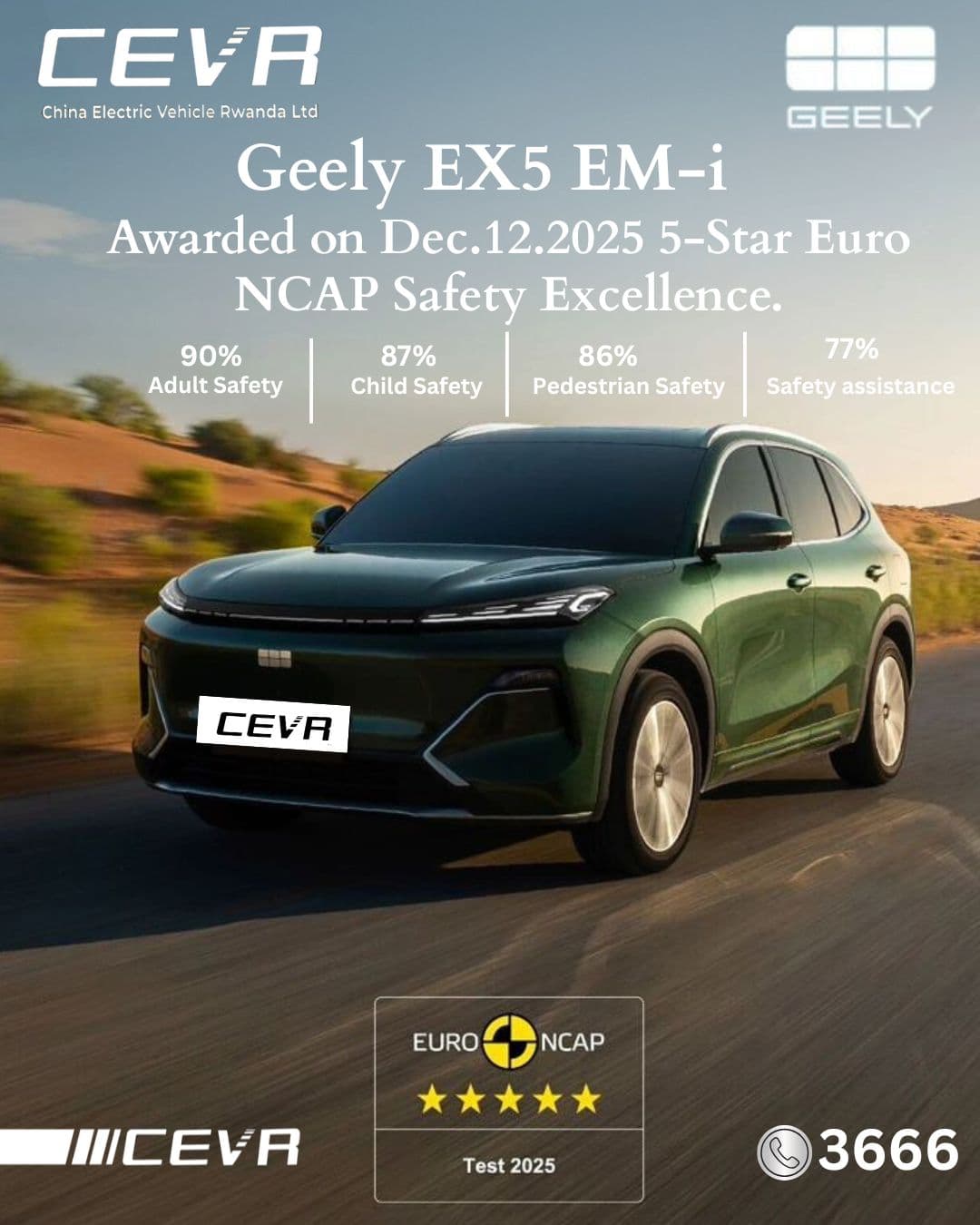 Geely STARRAY EM-i ( Known as Geely EX5 EM-i for Rwanda) Achieves Five-Star Ratings in Euro NCAP Safety Tests